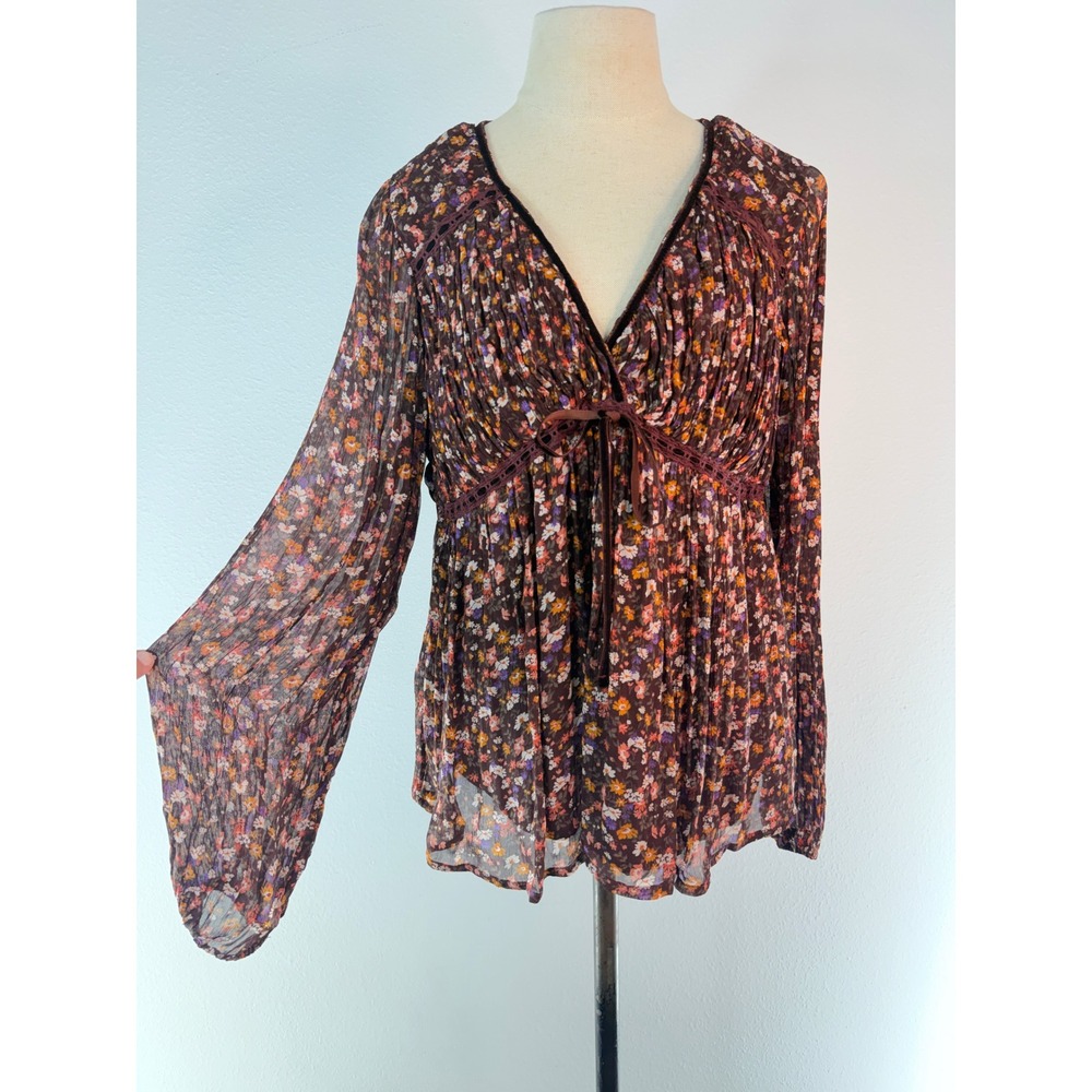 Lucky Brand Peasant Blouse Boho Burgandy Floral Fairy Grunge Y2K Cottage Large